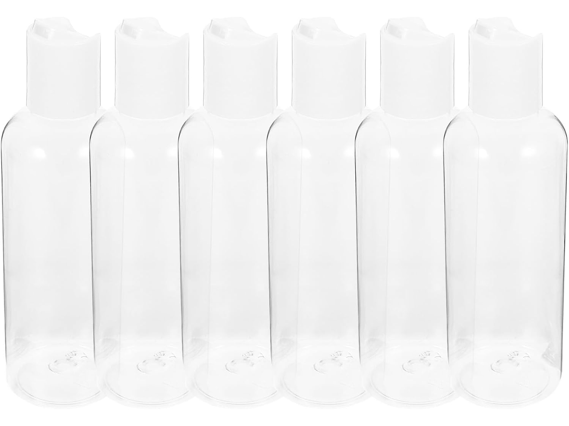 Conjunto de 6 frascos de viagem de plástico vazios e reutilizáveis de 100 ml.