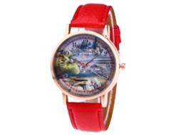 Relógio feminino moderno de quartzo com pulseira de couro sintético e mostrador redondo vermelho.