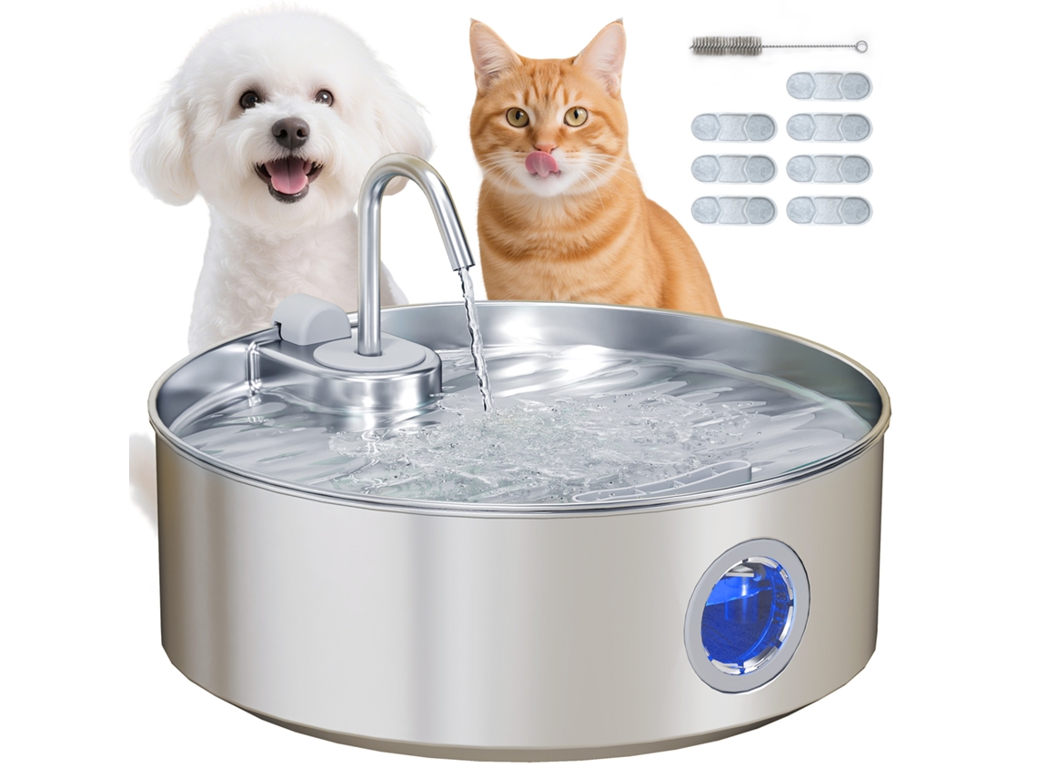Fonte de água para gatos em aço inoxidável 7l silenciosa com sistema de filtros luz LED 30,5x31,2x19,3 prata