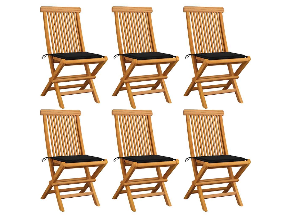 Cadeiras De Jardim C/ Almofadões Pretos 6 Pcs Teca Maciça Dkd Home Decor