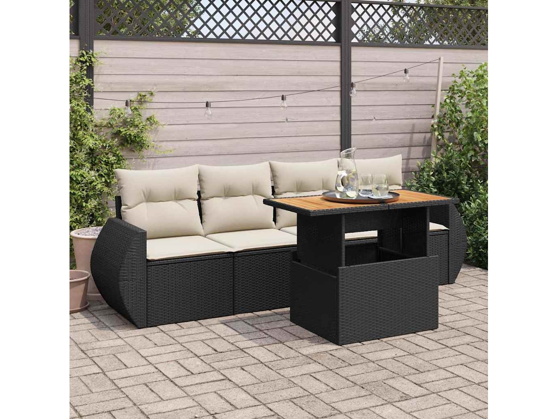 Vidaxl 5 Pcs Conjunto Sofás De Jardim Com Almofadões Vime Pe Preto