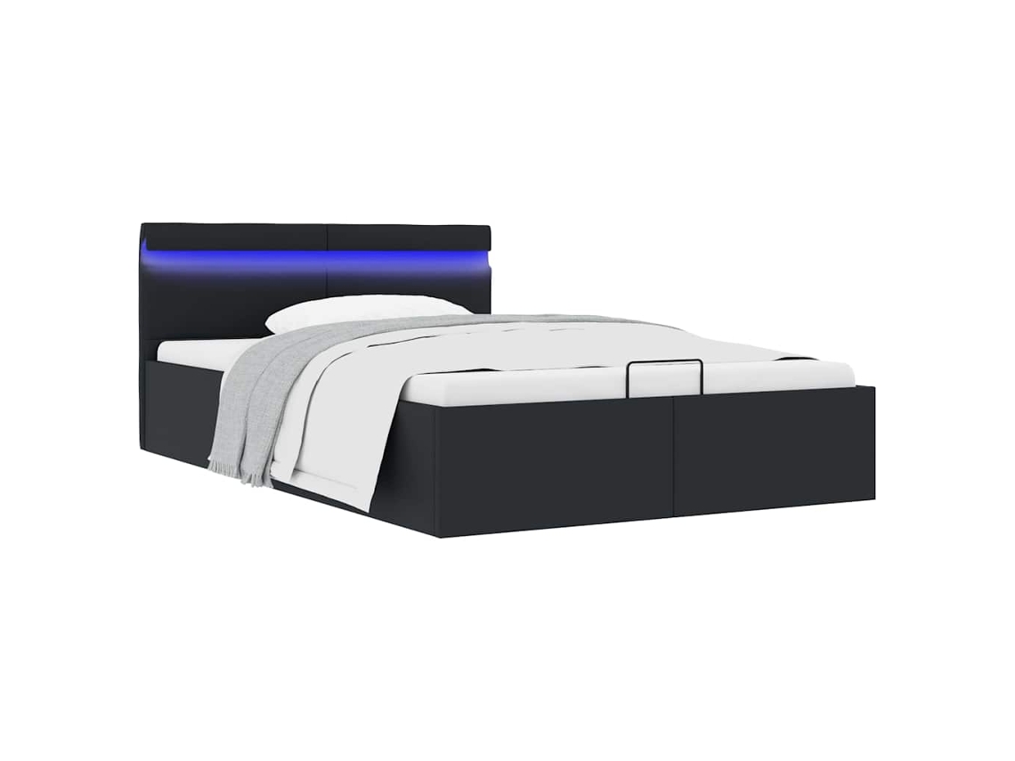 Vidaxl Cama Hidráulica Led C/ Arrumação 140x200cm Couro Artifi. Preto
