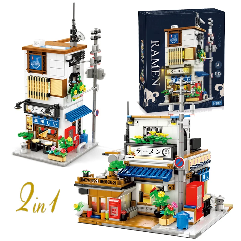 (1142 Peças) Modelo Moc De Loja De Ramen Dois Em Um, Representando Uma Rua Japonesa, Com Luzes.