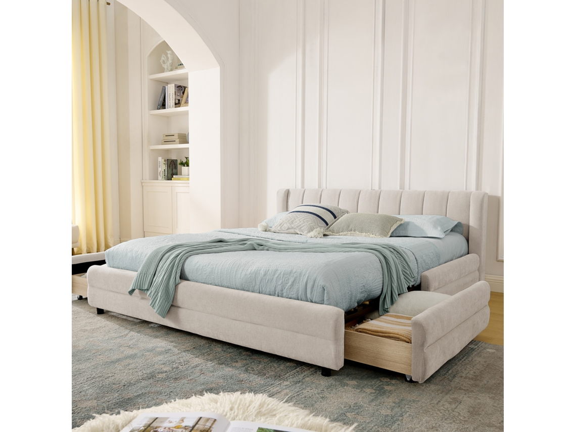 Cama De Casal 140x200 Cm Com Gavetas Laterais, Usb, Chenille, Bege, Sem Colchão