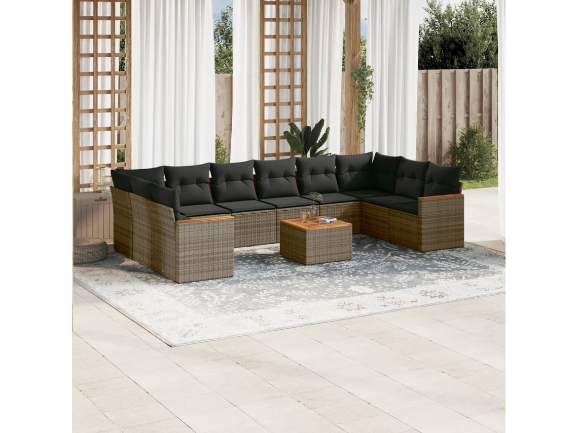 11 Pcs Conjunto Sofás De Jardim C/ Almofadões Vime Pe Cinza Dkd Home Decor