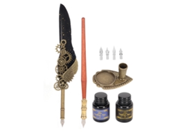Set de Pluma de Piel Y Tinta Estilo Retro Punk para Escritura Suave En Hogar Colegio Oficina Negro
