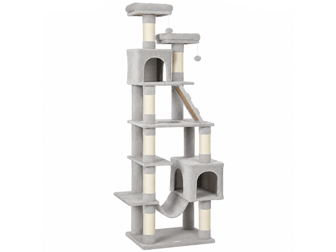 Arranhador 204 Cm Multinível Com 2 Tocas, Rede, 2 Camas, Postes De Sisal E Escada, Cinzento-claro