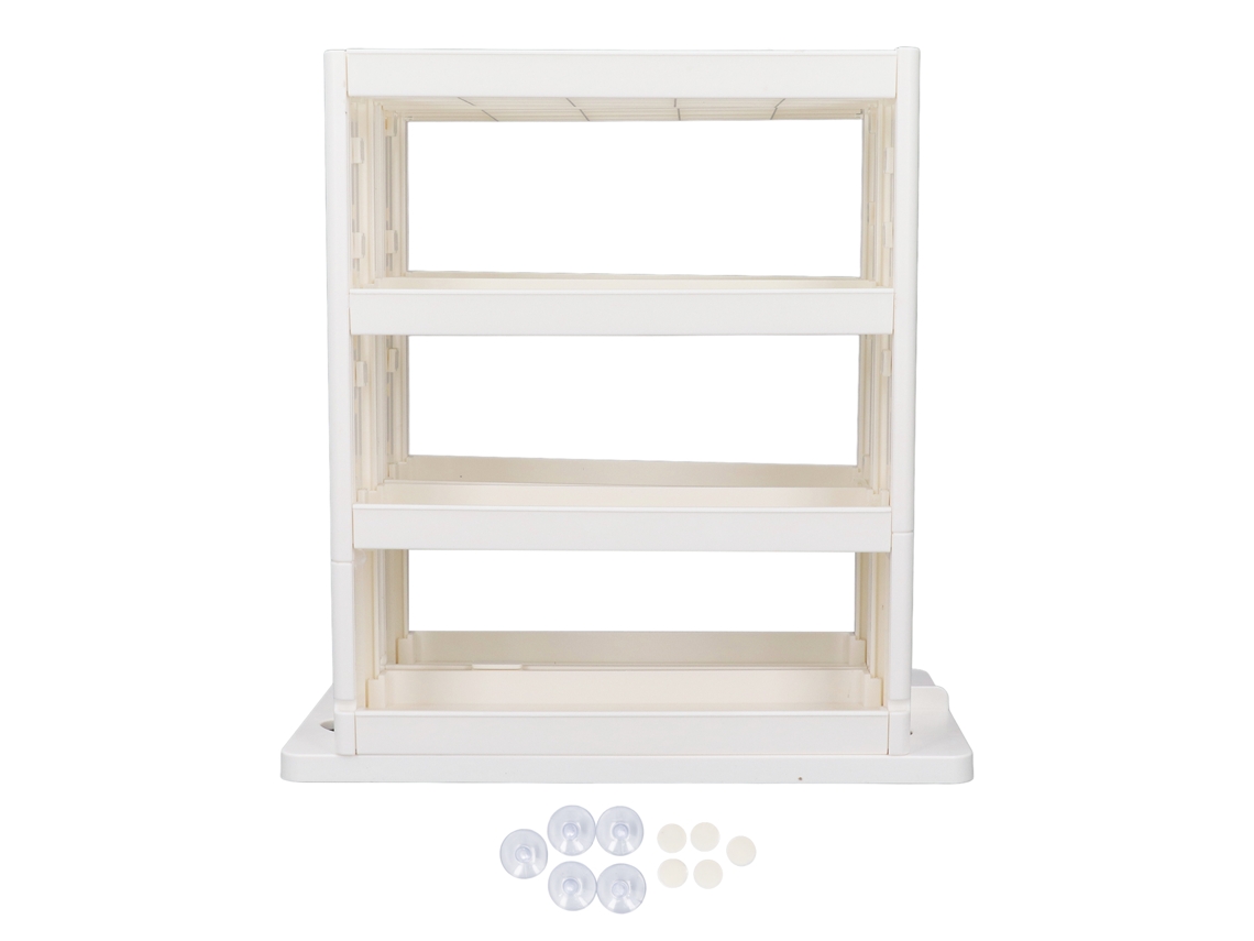 Organizador dobrável com rotação de 90° para temperos, ideal para cozinha e banheiro.