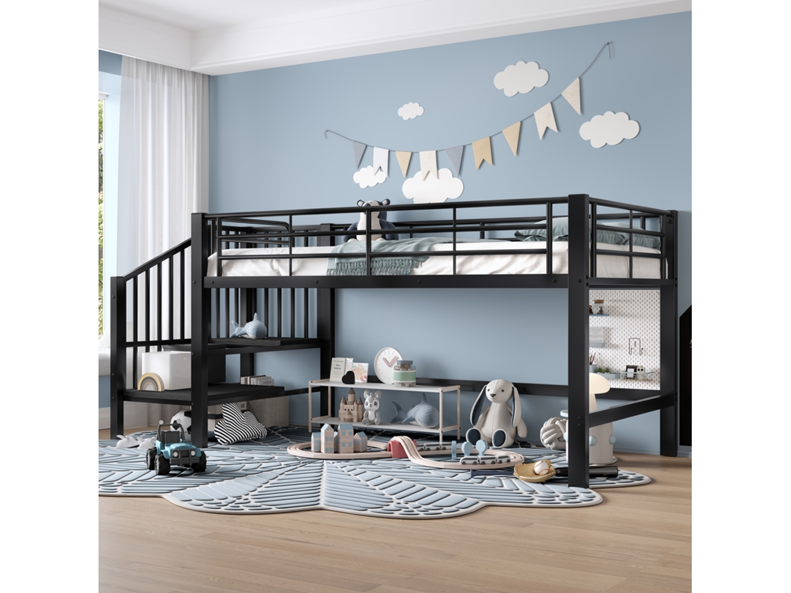 90 X 200 Cama Mezzanine De Meia Altura Com Escada De Armazenamento, Preta Cs