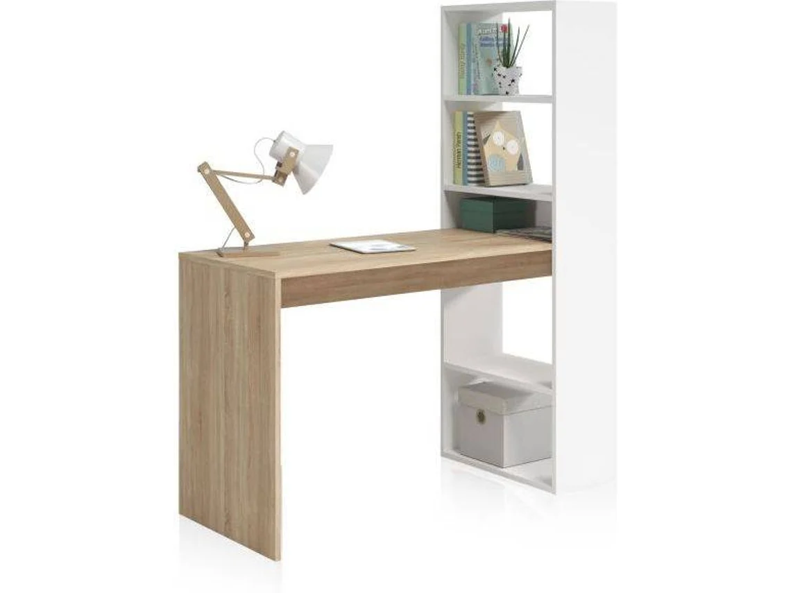 Secretária Duplo Com Prateleiras Artik White (branco Mate) - Carvalho Canadiano Mesa:120/estantería:25 X Mesa:71/estantería:144 X Mesa: 53cm / Estant