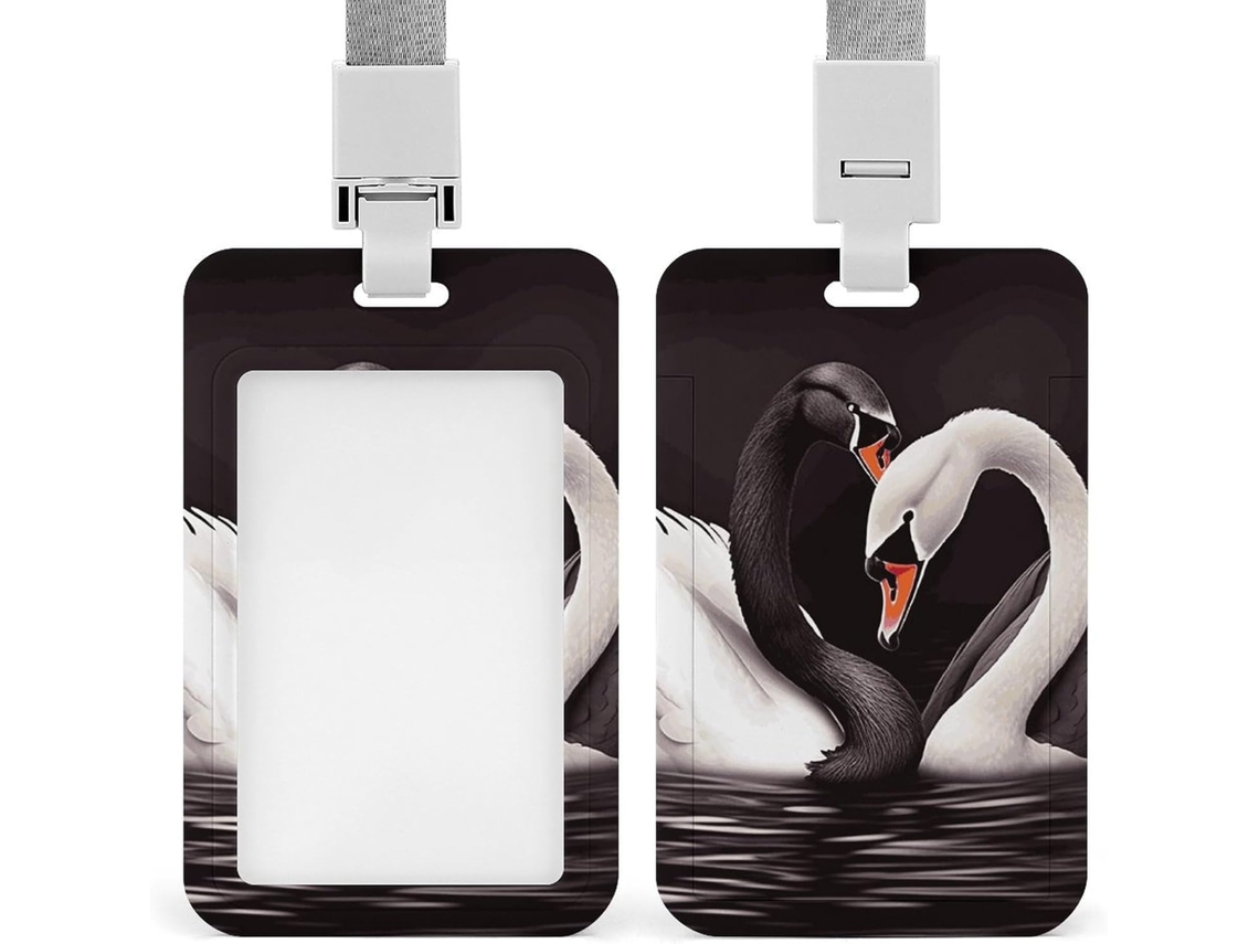 Porta-cartões Crachá em formato de cisne preto e branco com cordão, camada plástica impermeável, ideal para cartões.