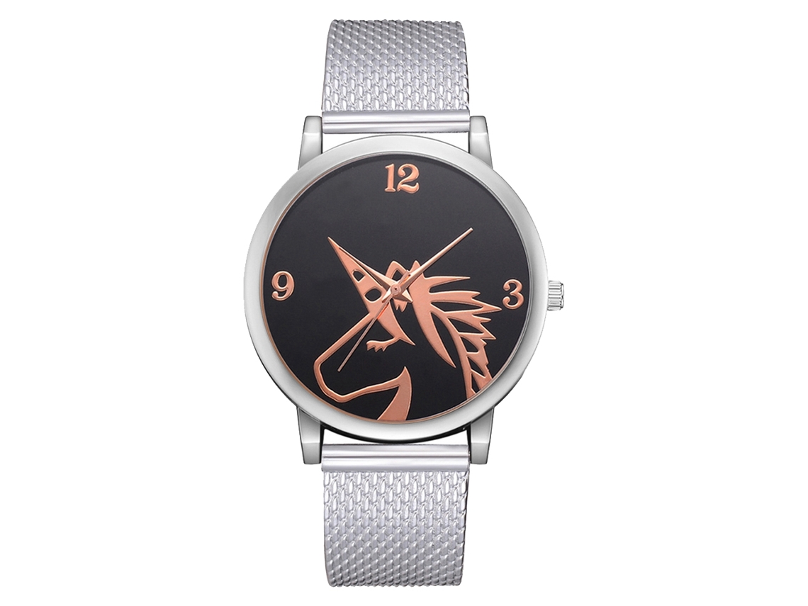 Relógio masculino de quartzo com pulseira de malha e mostrador redondo, estampa animal casual (prateado)