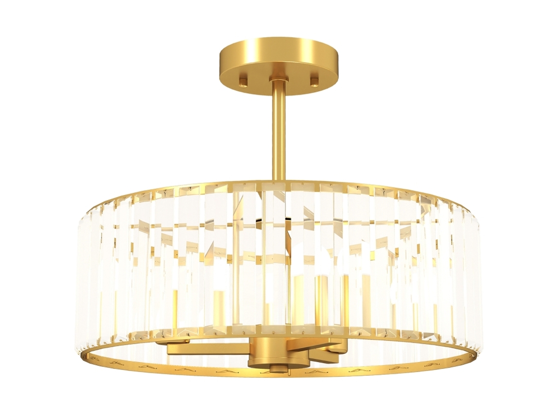 Lustre De Teto, Design Tipo Candelabro, Cúpula De Cristal, 3 Lâmpadas, Metal Dourado.