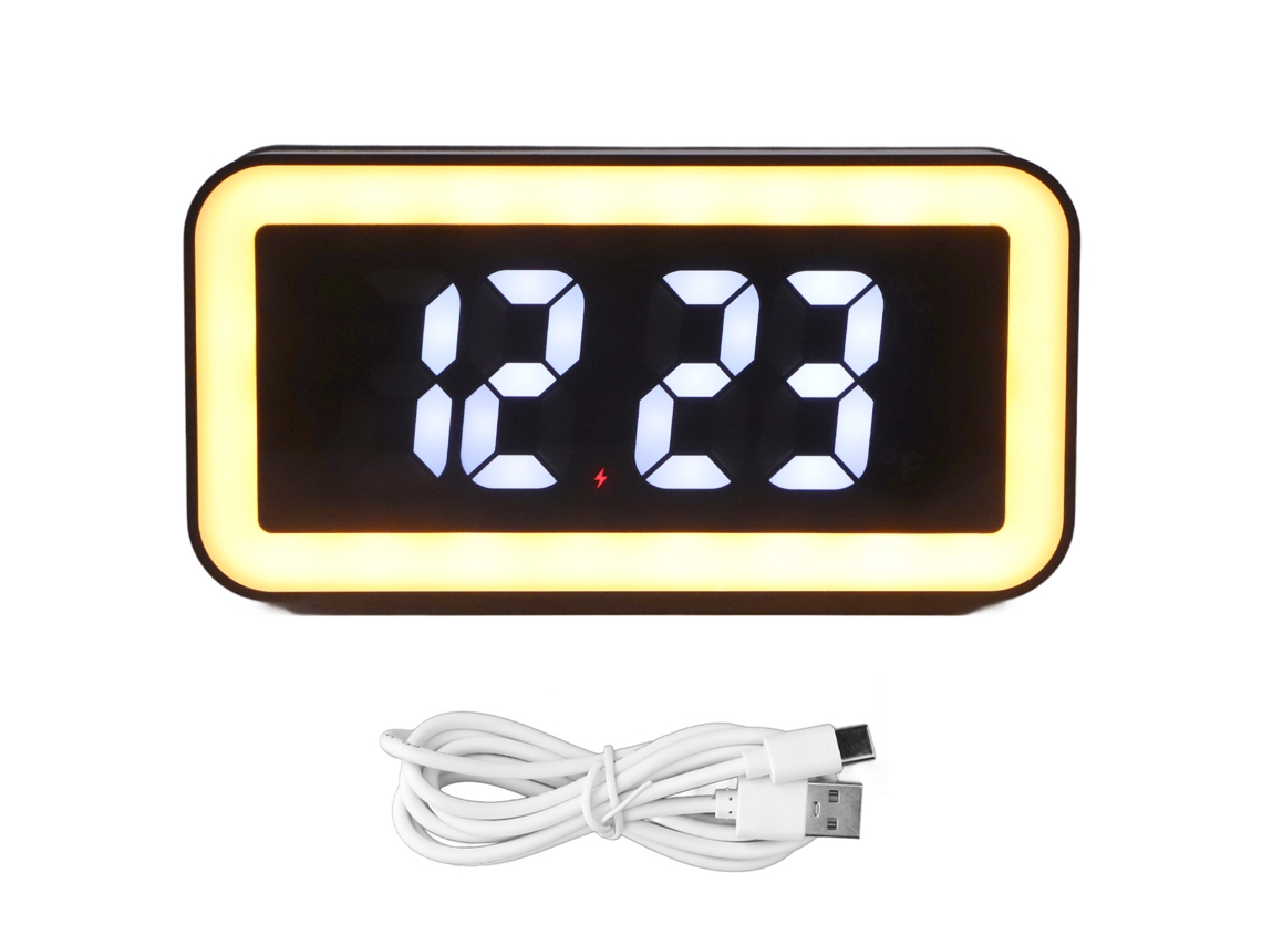 Despertador Digital Rectangular Con Carga Sem Fio E Usb, Tela Led Grande Para Quarto, Preto
