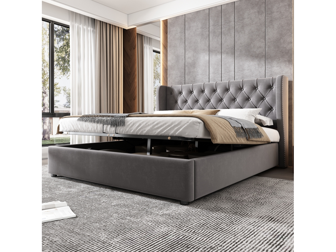 Cama Box Casal 140x200 Seda Grosso Botão Cinza Com Hidráulico E Armazenamento