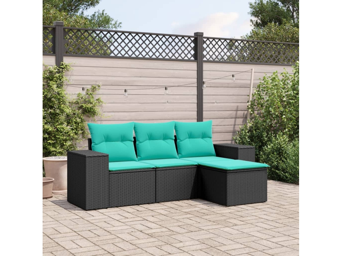 Vidaxl Conjunto De Sofá De Jardim Com 4 Peças E Almofadas Em Rattan Sintético Preto