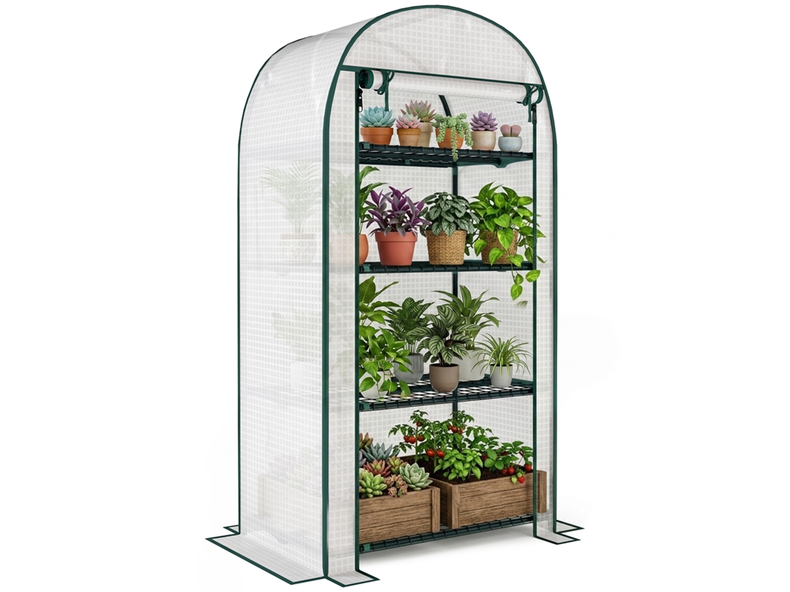 Serra Vertical BTFORUS para jardim com 4 prateleiras de metal e cobertura em PE (80x50x160 cm)