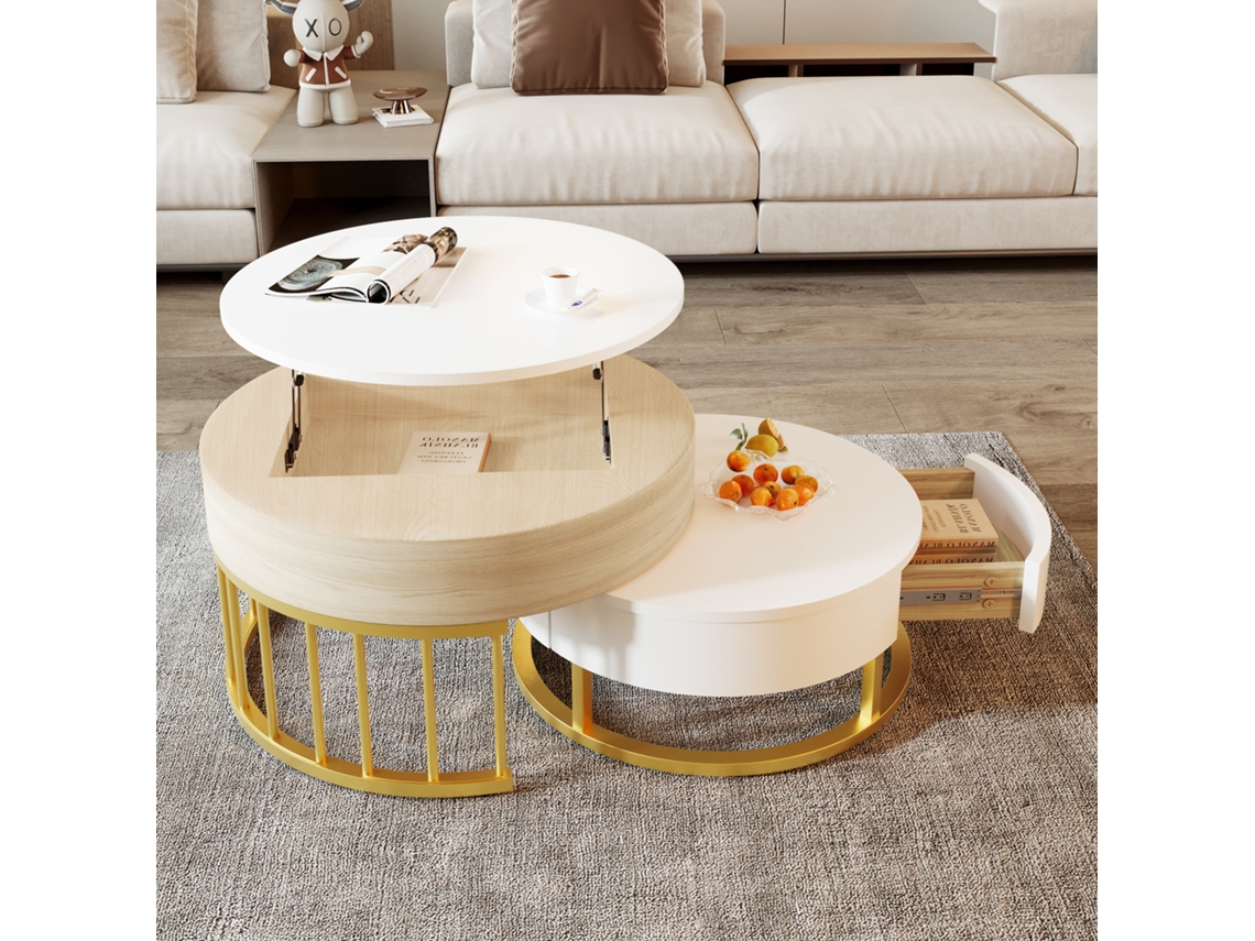 Mesa Redonda Ajustável, Mdf Branco Com Visual Madeirado, Pés Metálicos Dourados, Gaveta, Multifuncional Para Sala.