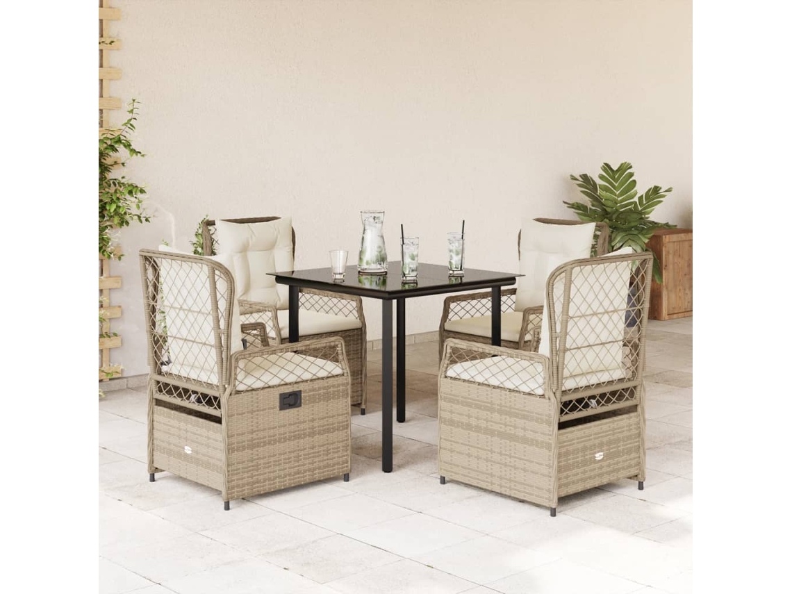 5 Pcs Conjunto De Jantar P/ Jardim Com Almofadões Vime Pe Bege Dkd Home Decor