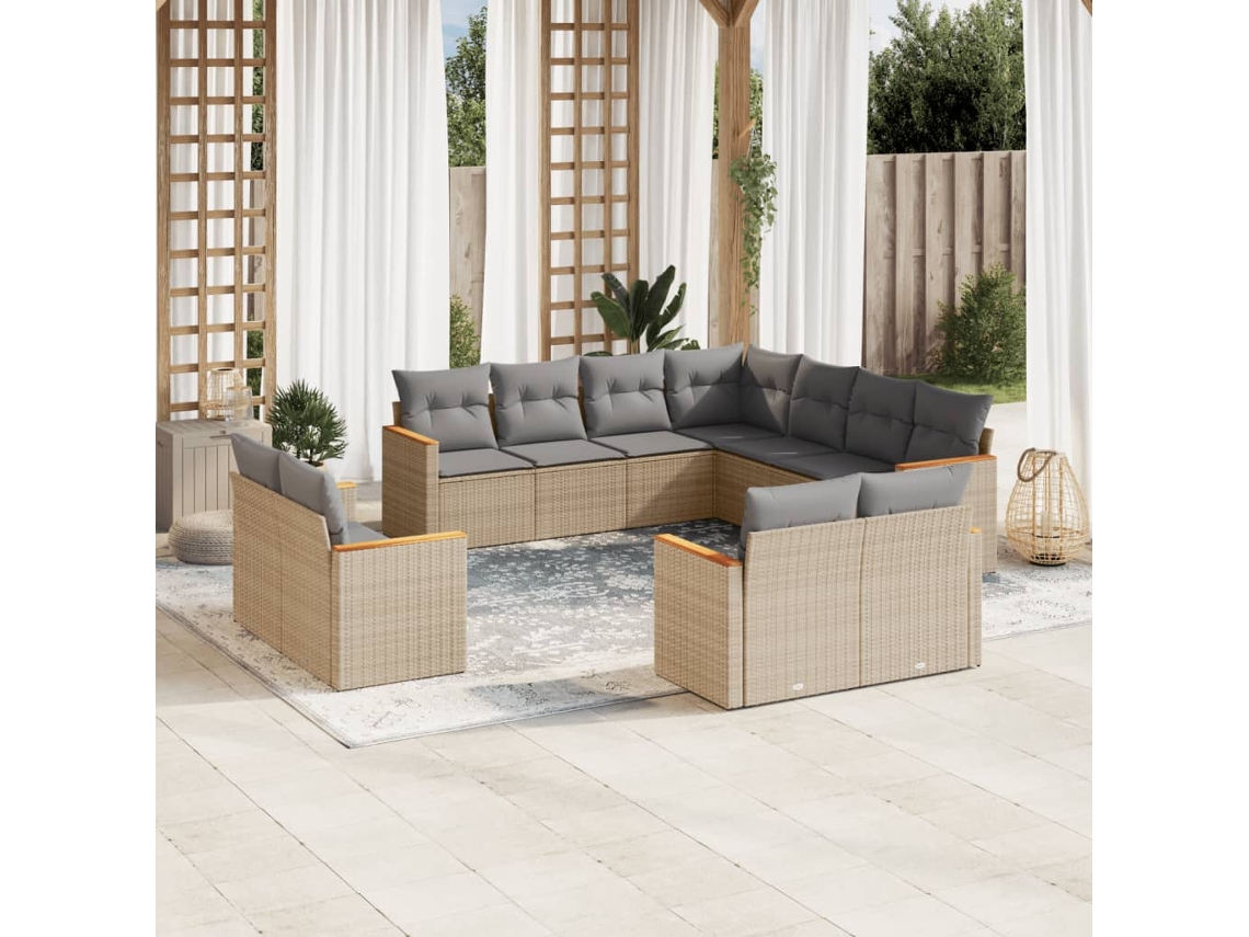 Vidaxl 11 Pcs Conj. Sofás Jardim C/ Almofadões Vime Pe Bege Misturado