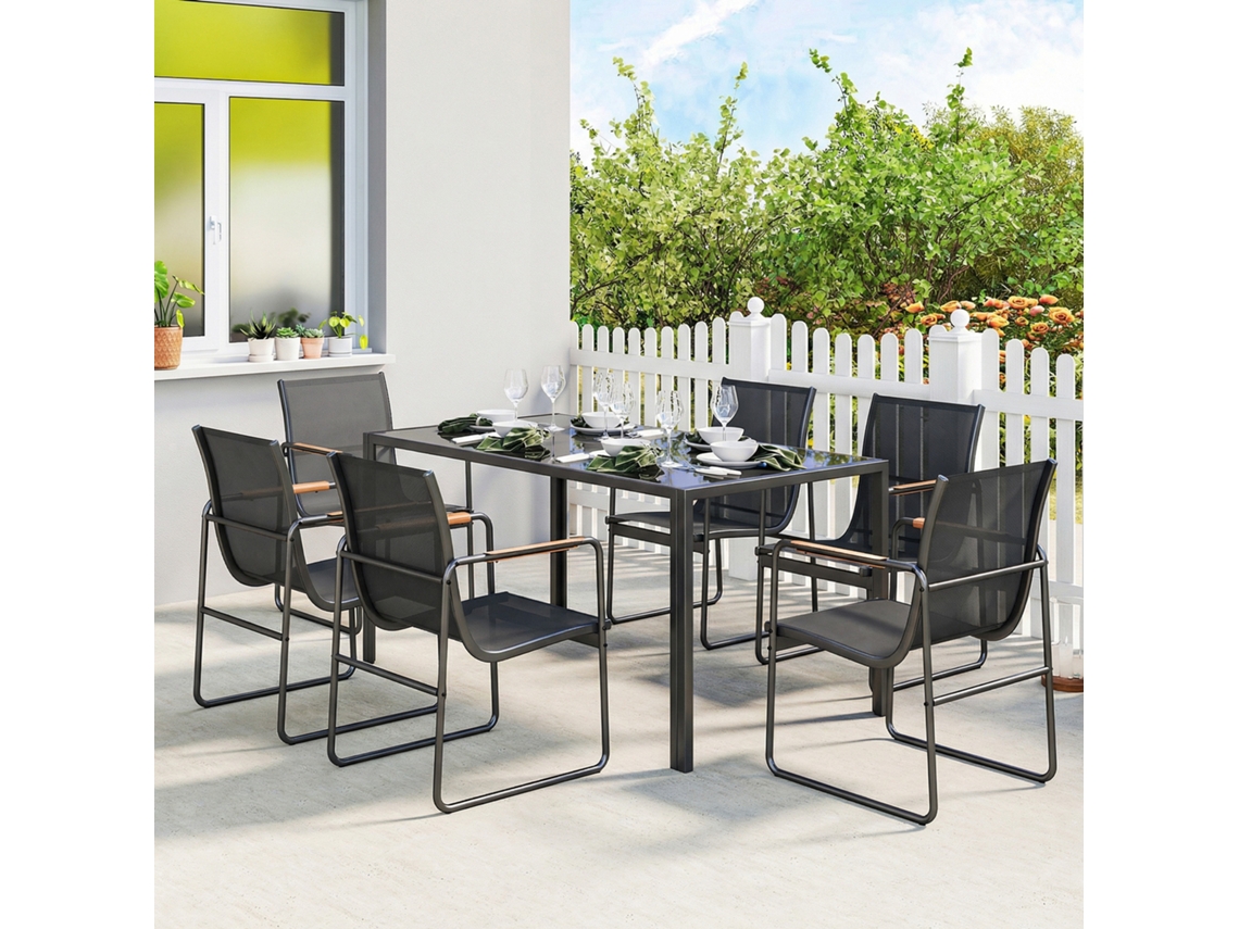 Conjunto De 7 Peças Externo Em Aço Preto Com Mesa De Vidro Temperado E 6 Cadeiras Respiráveis Em Linha Texteline
