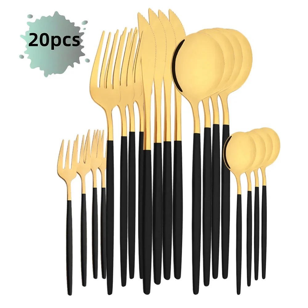 Talheres de Aço Inoxidável com Acabamento Polido Espelhado, Perfeitos para Casa, Restaurante e Casamento. MDUG (preto e Dourado, Conjunto de 20 Peças)