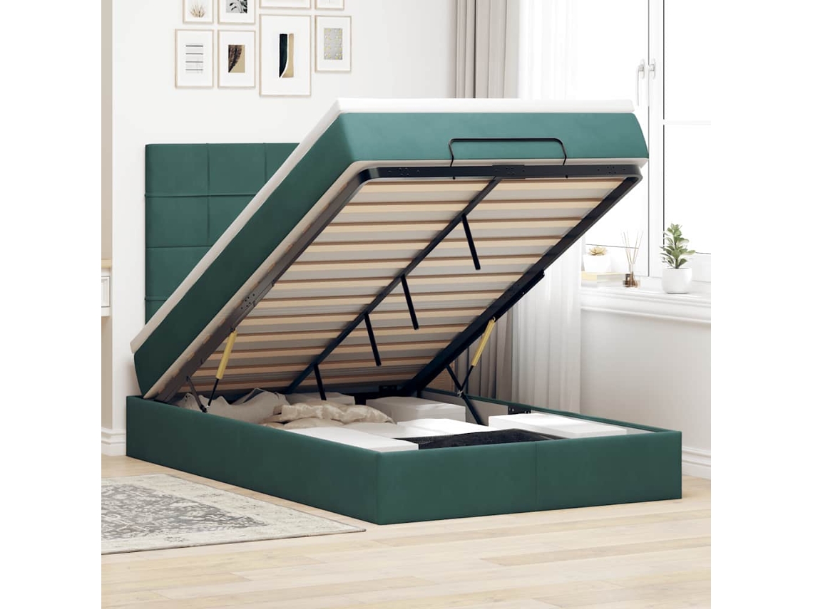 Estrutura De Cama Otomana Com Colchões Verde Escuro Veludo