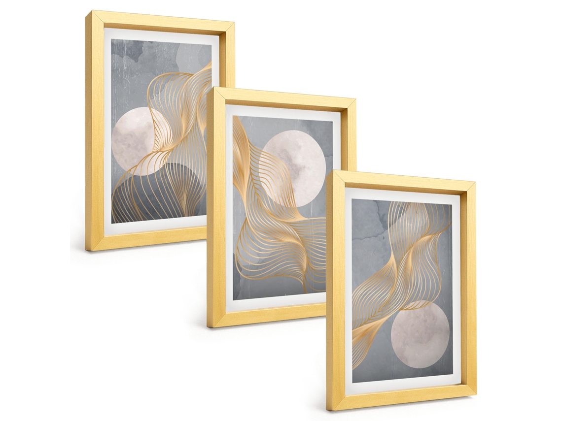 Composição De Quadros Na Paredepadrões Abstratos, Ondas, Círculos Moldura Dourada Quadros Para A Sala De Estar Espelharte (3 Peças 20x30 Cm)