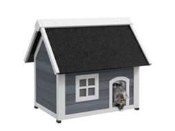Casa para Gatos de Madeira com Telhado Asfáltico Rebatível Janela e Portas com Cortina 77x57,5x68 Cm Cinzento e Preto E TOWN COMMERCE GMBH