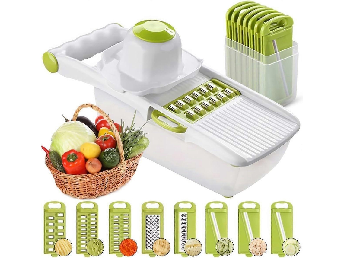 Mandolina universal, fatiador multifuncional de frutas e vegetais, aço inoxidável com recipiente substituível para alimentos. Slowmoose