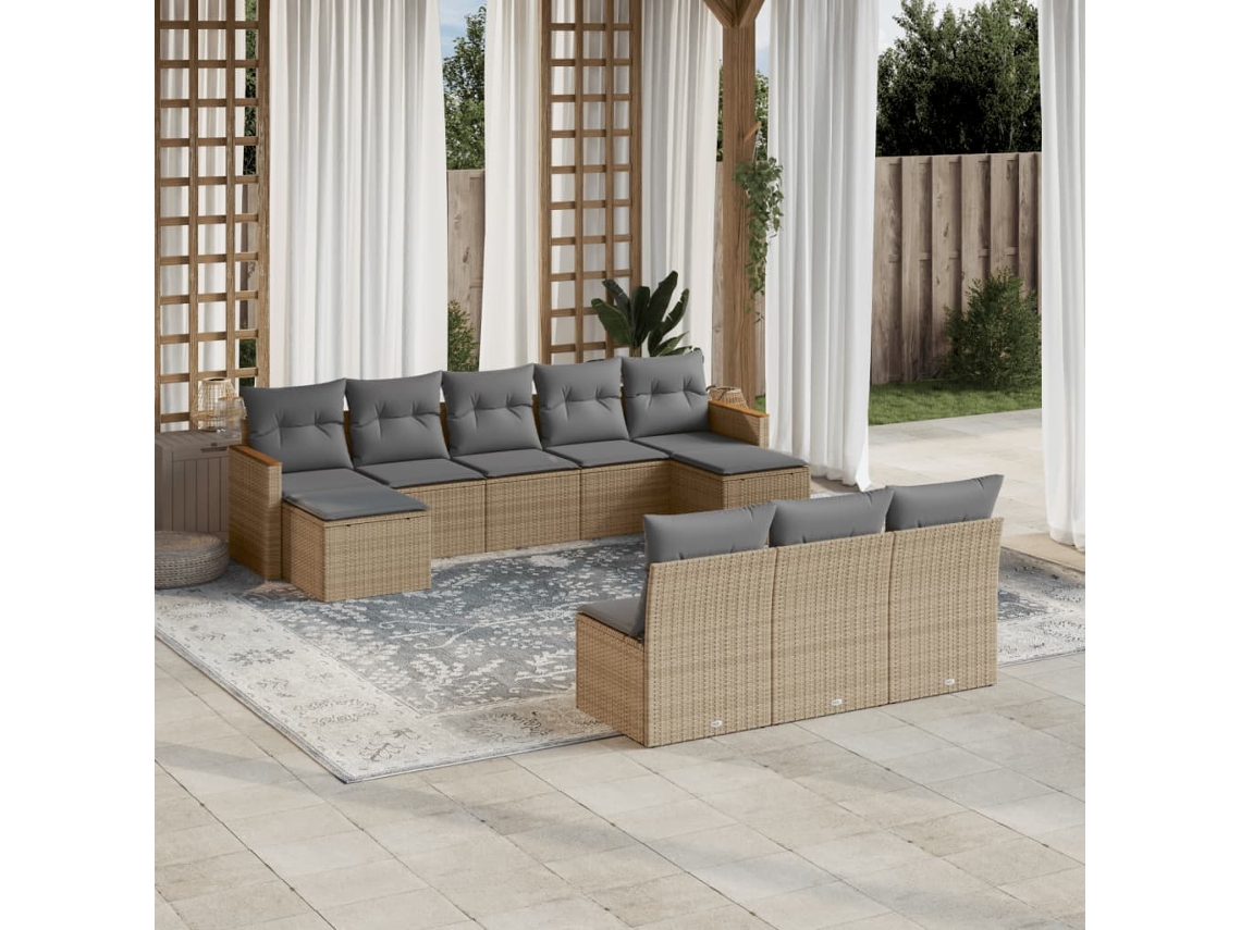 10 Pcs Conj. Sofás Jardim C/ Almofadões Vime Pe Bege Misturado Dkd Home Decor