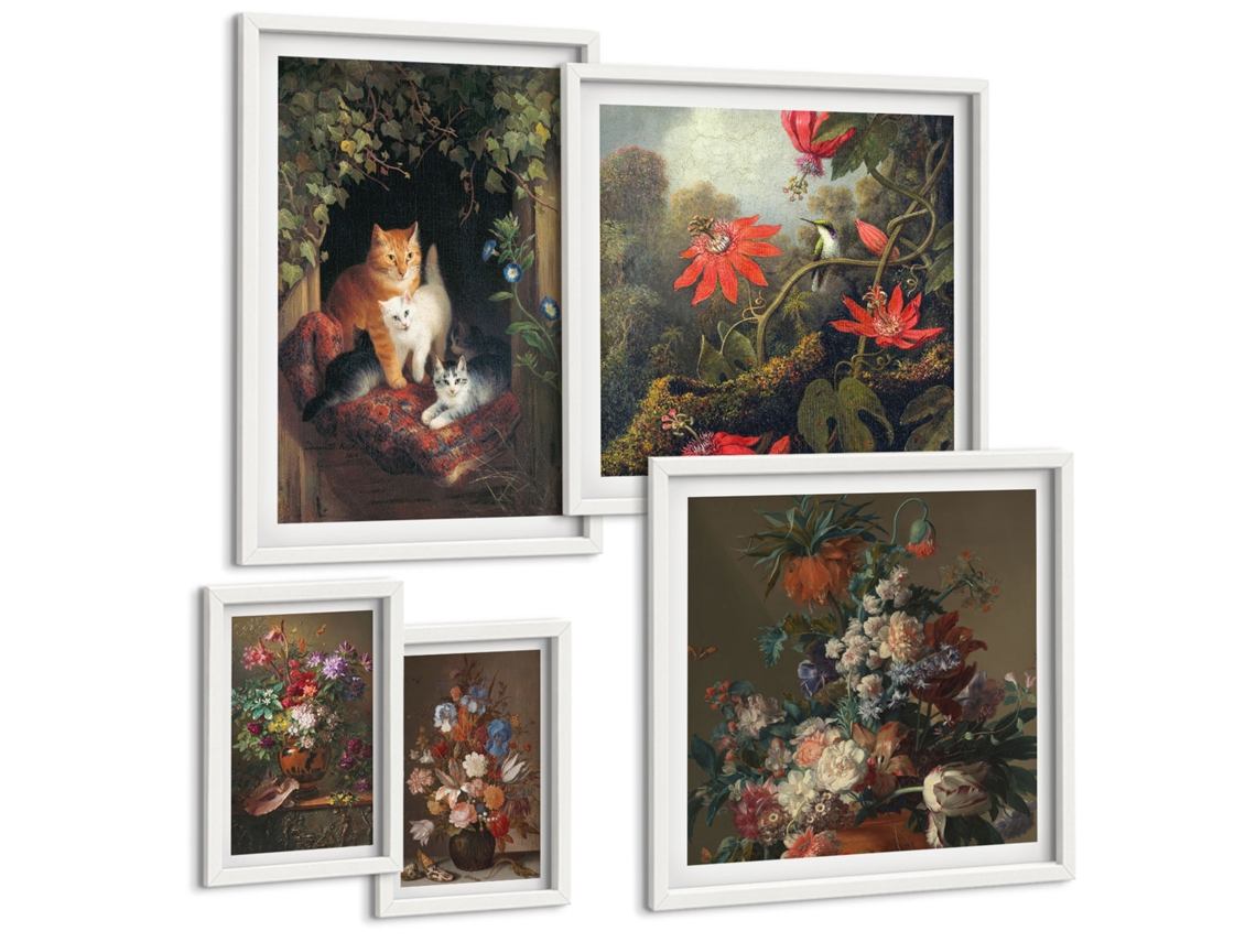 Composição De Quadros Flores Vintage, Gatos, Natureza Moldura Branca Fotos Para O Escritório Espelharte (conjunto De 5 Imagens)