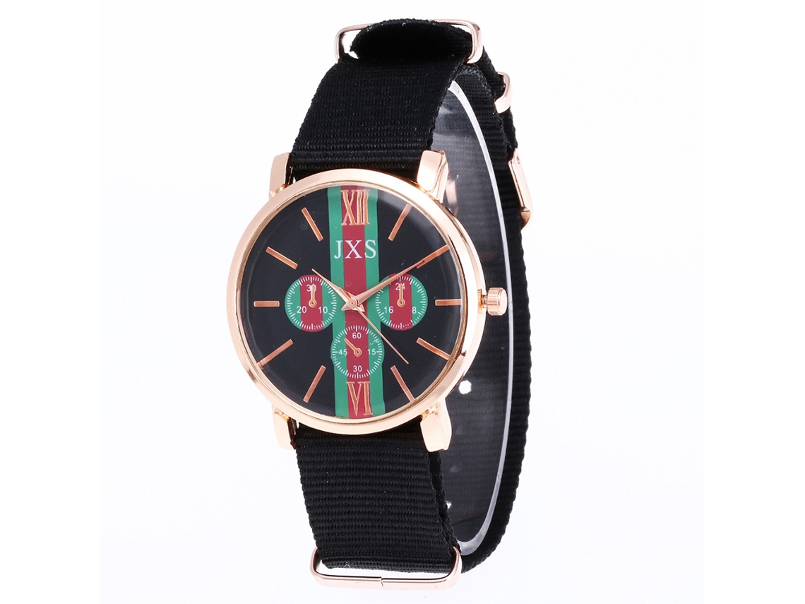 Relógio de pulso analógico de quartzo unissex com pulseira redonda de nylon preta.