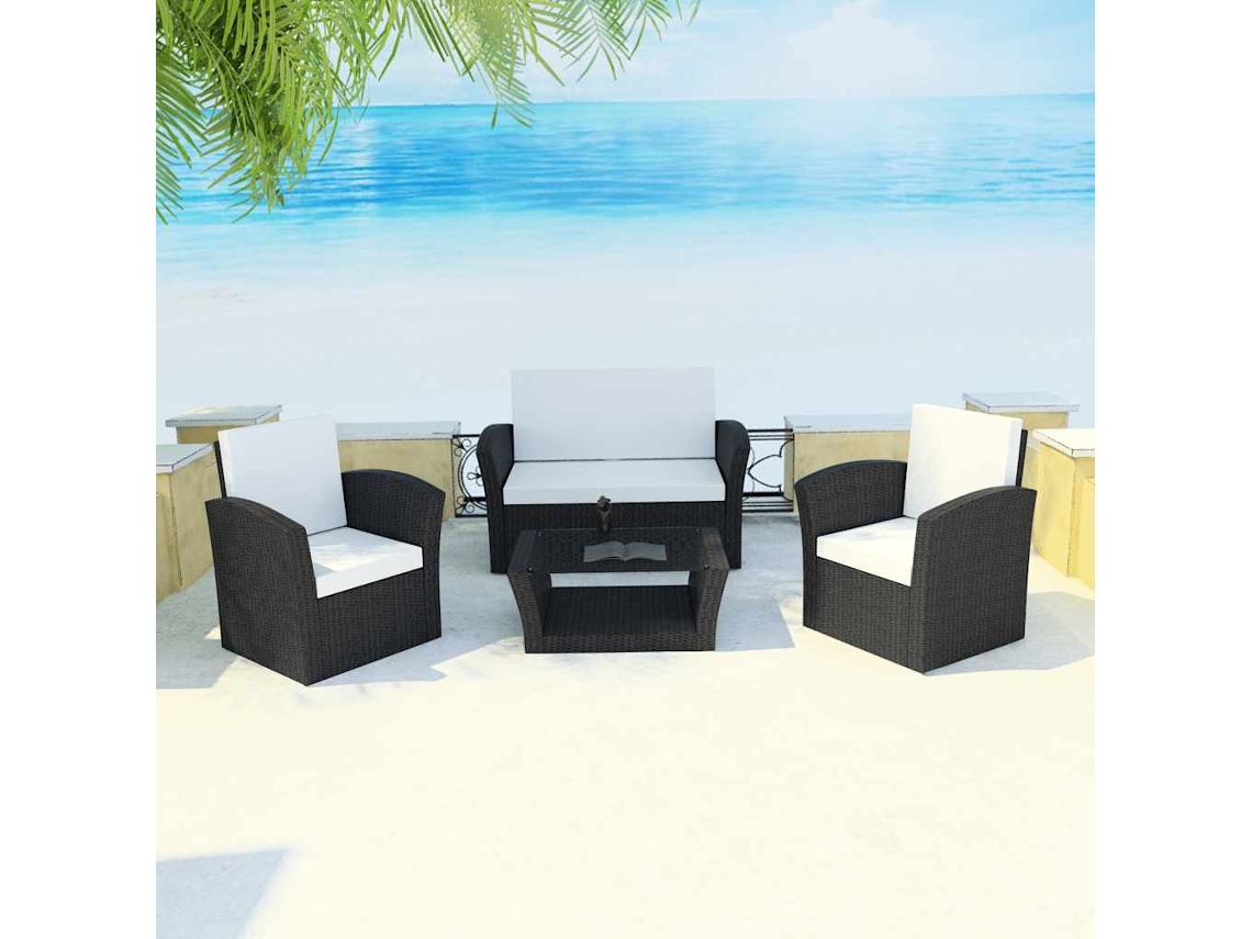 Vidaxl 4 Pcs Conjunto Lounge De Jardim C/ Almofadões Vime Pe Preto