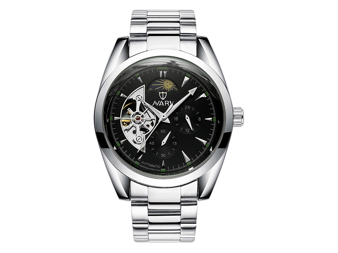 Relógio masculino Nary Fashion, aço luminoso, resistente à água, pulseira prateada, mostrador preto.
