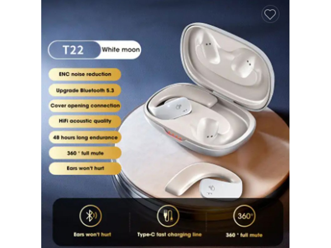 Auriculares Bluetooth True Wireless Controle Por Toque Clipe de Orelha Condução Óssea Redução de Ruído Branco