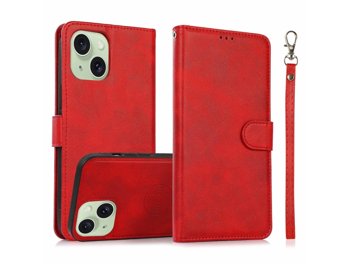 Capa Amovível Para Iphone 15 Plus Pele Sintética Vermelho