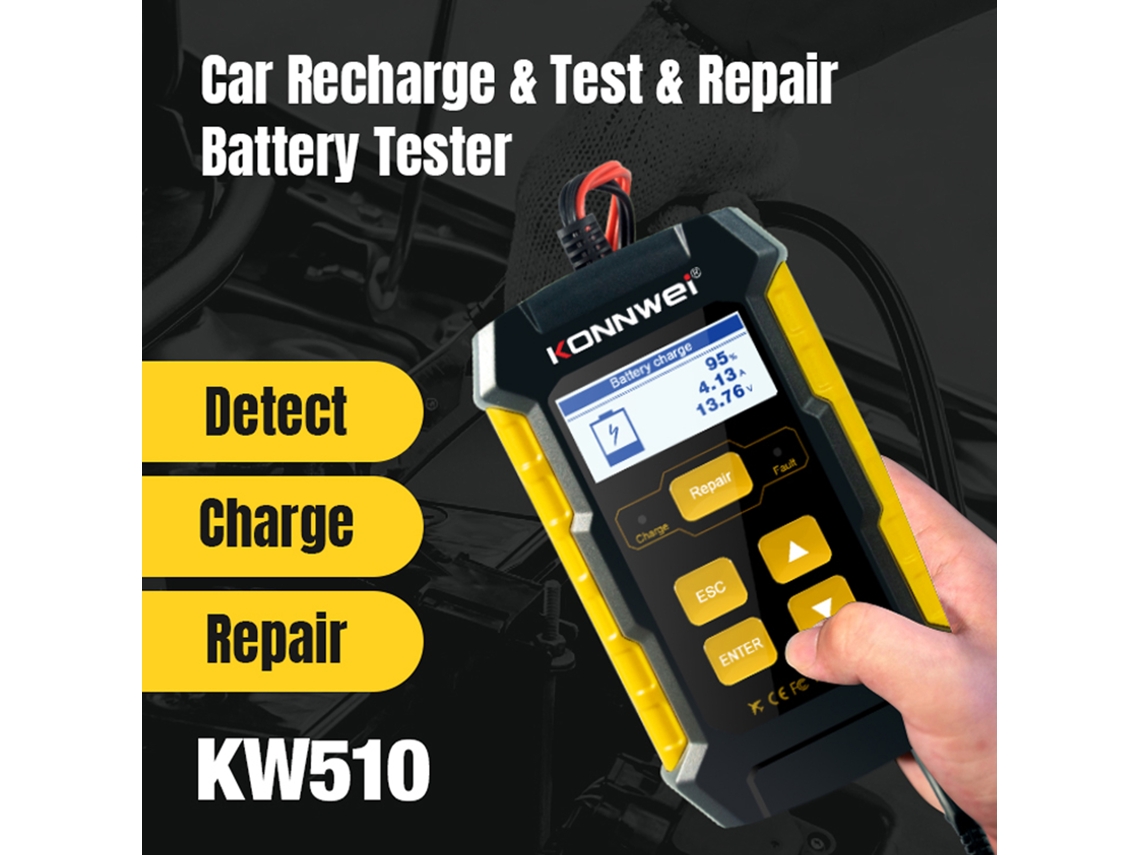 Ferramenta multifuncional KW510 para teste e reparo de baterias automotivas.