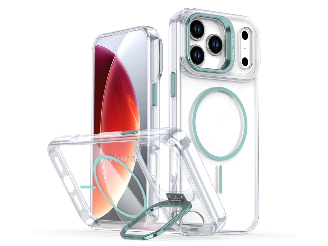 Capa Transparente Brilhante Para Iphone 17 Pro Max Com Suporte Magnético Para Lente E Lente De Tpu Resistente A Impactos - Azul.