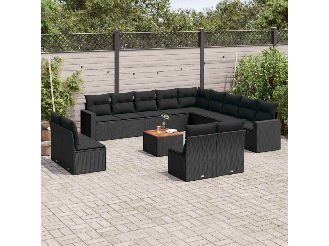 Vidaxl 14 Pcs Conjunto De Sofás P/ Jardim C/ Almofadões Vime Pe Preto