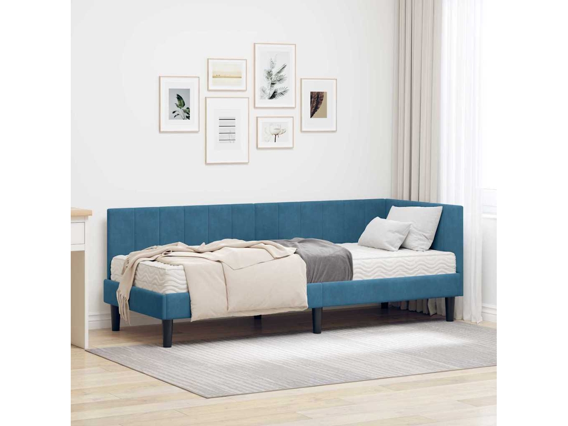 Vidaxl Estrutura De Cama De Canto Com Colchão 2 Unid. Azul Veludo