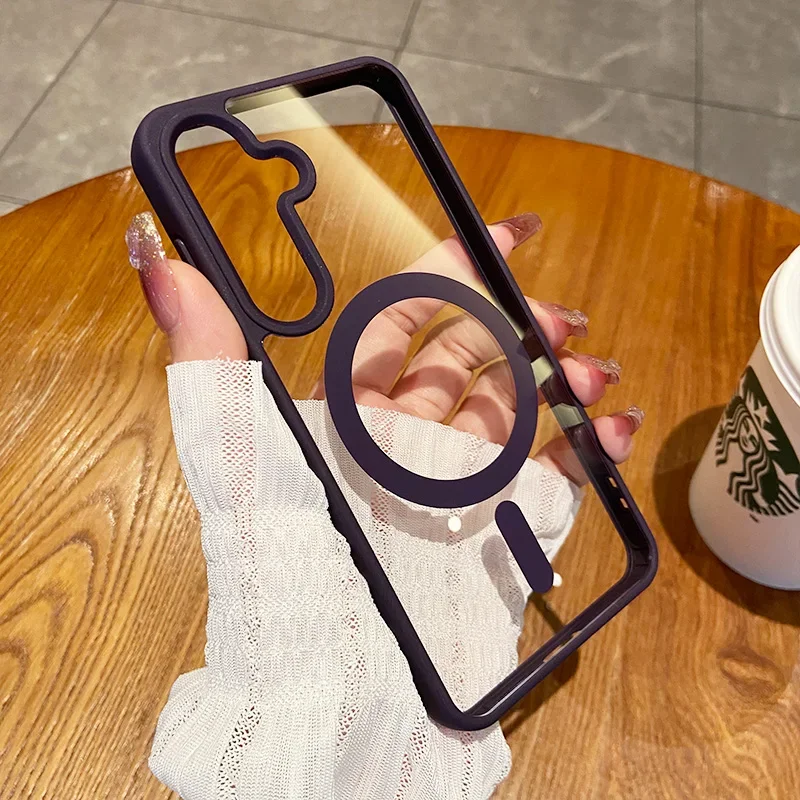 (roxo Escuro S23 Ultra) Capa Protetora Para Carregamento Sem Fio Magsafe Com Moldura Magnética Transparente À Prova De Choque