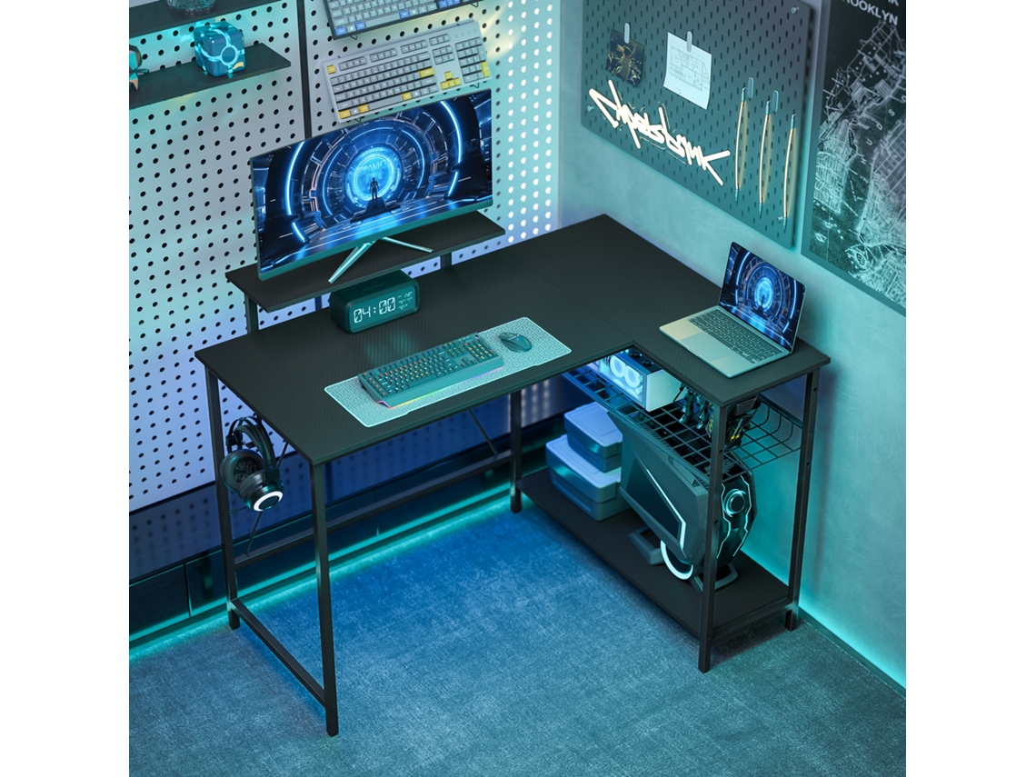 Escrivaninha Gamer Reversível, Mesa Gamer de Canto, Suporte para Tela, Prateleira de Malha Ajustável, 114,5x82x91,5cm, Preto