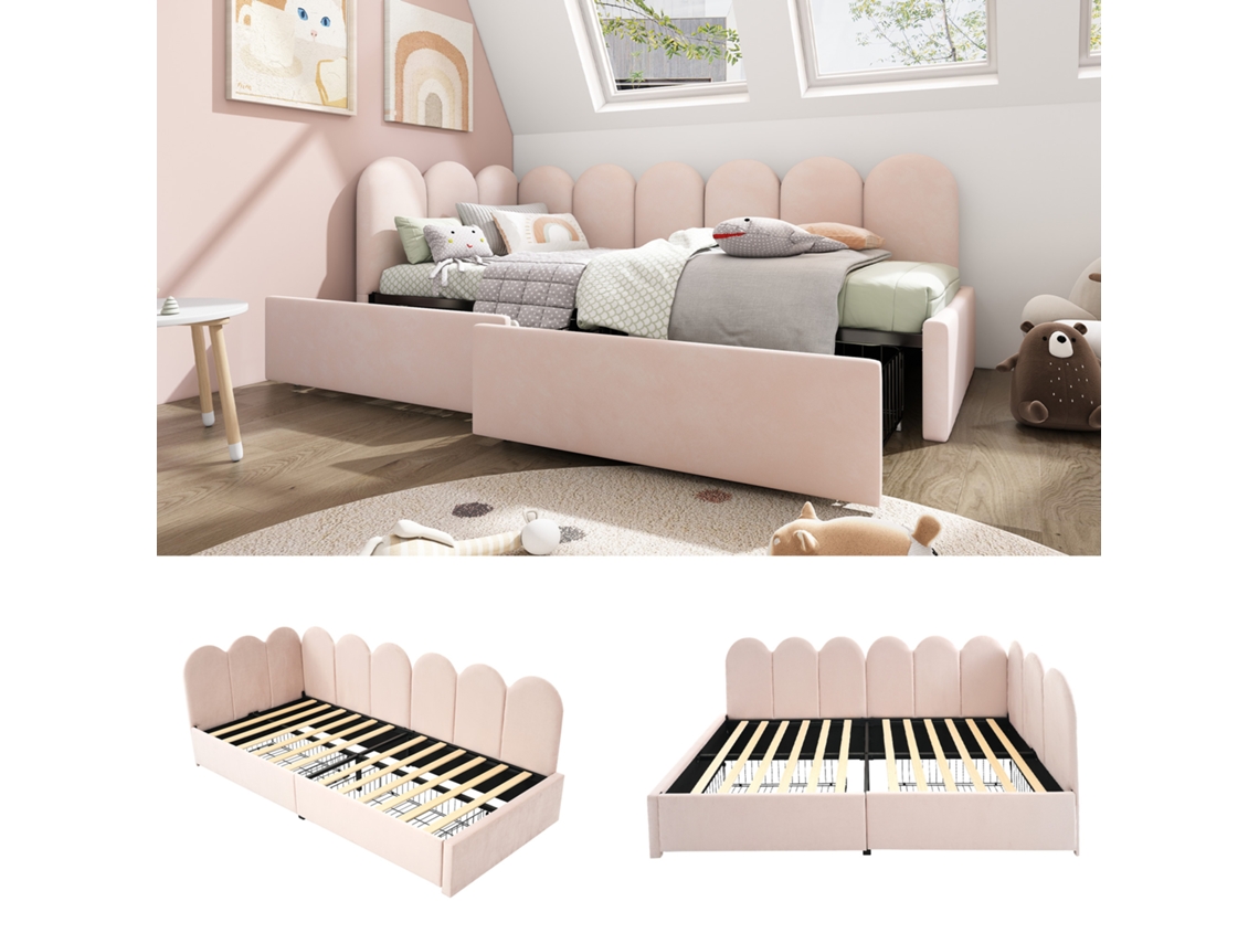 Sofá-cama Com 2 Gavetas - Tecido De Veludo - 90x200 Cm - Com Estrado De Molas - Rosa