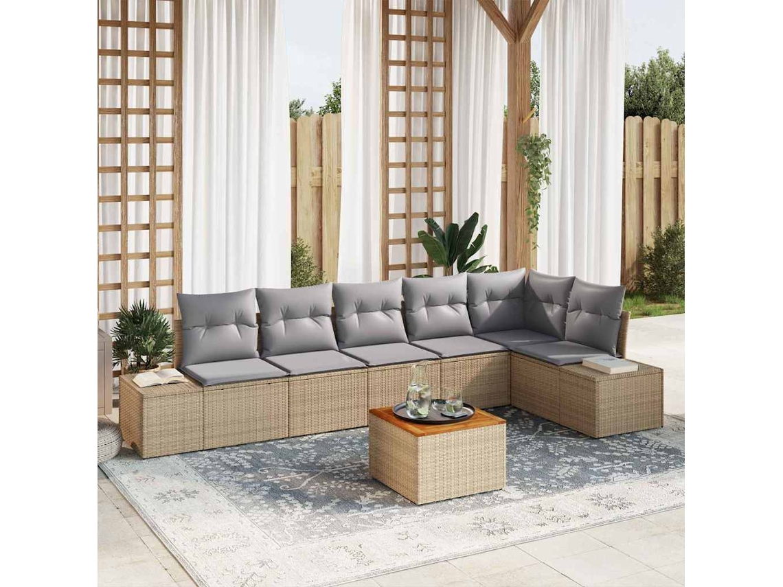 Vidaxl Conjunto De Sofá De Jardim 7 Unid. Bege Vime Pe