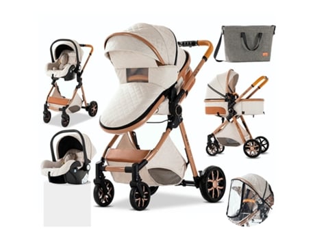 Carrinho de Bebé HOUSE MARKET Trio 3 em 1 Cinza Branco e Dourado