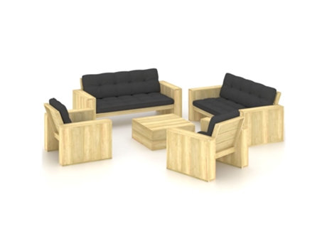 Conjunto Lounge de Jardim com Almofadões Pinho Impregnado 5 Un
