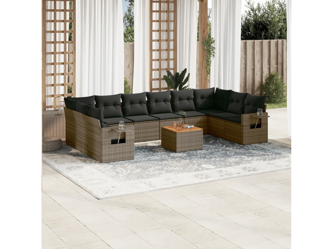 Vidaxl 11 Pcs Conjunto Sofás De Jardim C/ Almofadões Vime Pe Cinzento