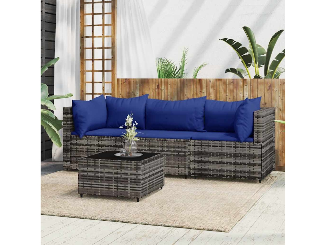 Vidaxl 4 Pcs Conjunto Lounge De Jardim C/ Almofadões Vime Pe Cinzento