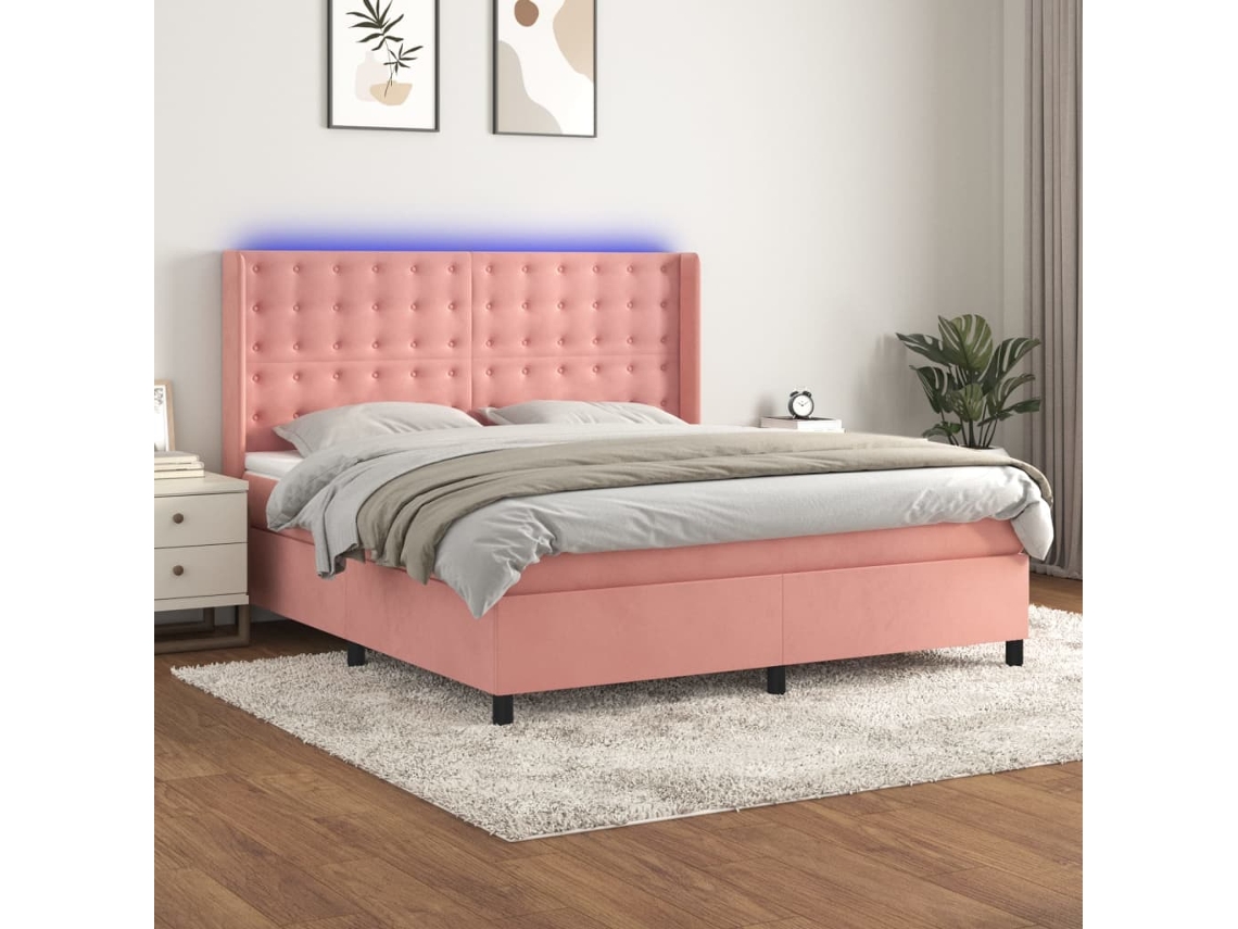 Cama Box Spring C/ Colchão/led 160x200 Cm Veludo Rosa